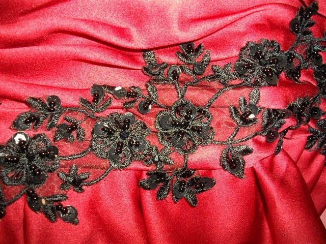 Red gown with black applique